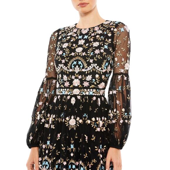 Mac Duggal NWT Floral Embellished Embroidered Gown Blouson Sleeves Size 16 Black - Picture 3 of 10